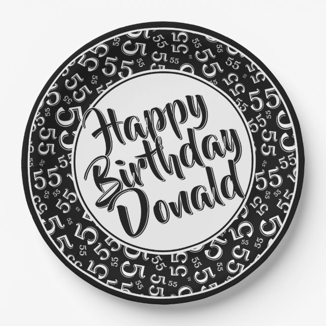 55th Black/White Random Number Pattern Paper Plate (Front)