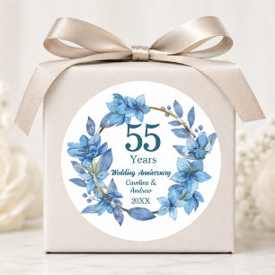 55th Blue Floral Emerald Wedding Anniversary Classic Round Sticker
