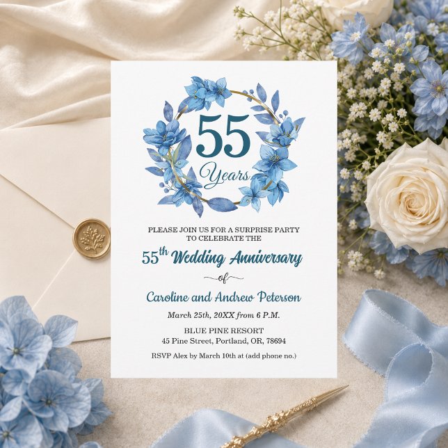 55th Blue Floral Surprise Wedding Anniversary  Invitation (Creator Uploaded)