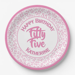 55th  Cool Random Number Pattern Pink/White Paper Plate