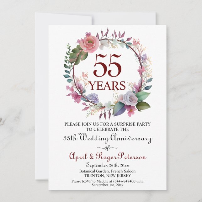 55th Emerald Surprise Wedding Anniversary Floral Invitation (Front)