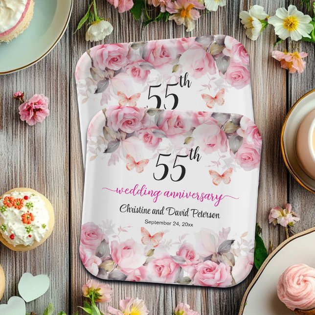 55th Emerald Wedding Anniversary Blush Roses Paper Plate (Creator Uploaded)