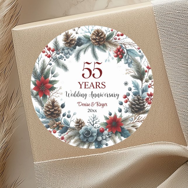 55th Emerald Wedding Anniversary Elegant Winter Classic Round Sticker (Creator Uploaded)