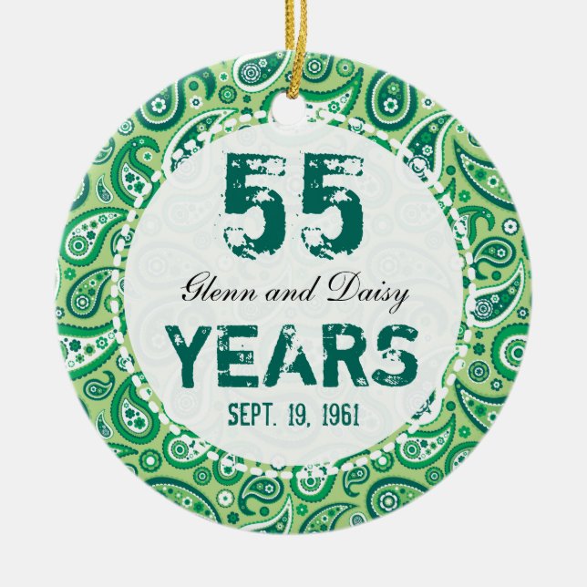 55th Emerald Wedding Anniversary Paisley Monogram Ceramic Tree Decoration (Front)