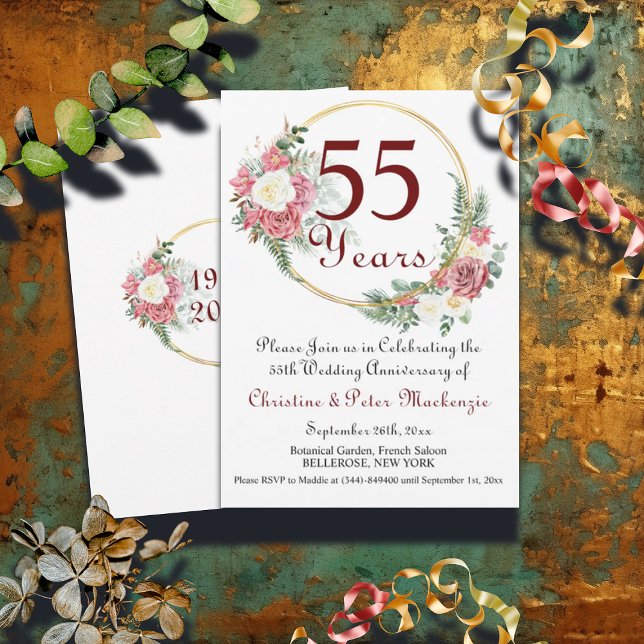 55th Emerald Wedding Anniversary Roses Gold Frame Invitation (Creator Uploaded)
