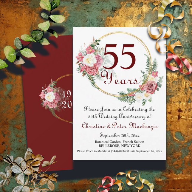 55th Emerald Wedding Anniversary Roses Gold Frame Invitation (Creator Uploaded)