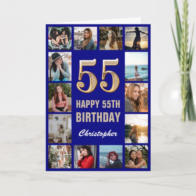 55th Happy Birthday Navy Blue & Gold Photo Collage Card (Front)
