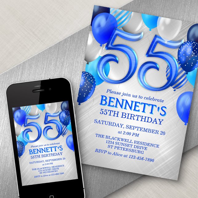 55th Mens Blue Birthday Invitation (Creator Uploaded)