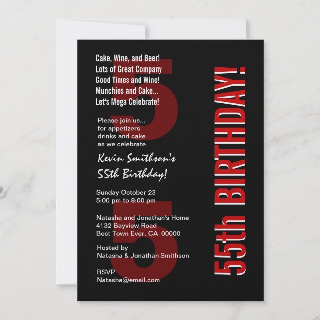 55th Modern Birthday Black White Red Template (Front)
