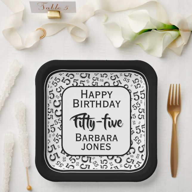 55th Party Random Number Pattern Black/White Paper Plate (Wedding)