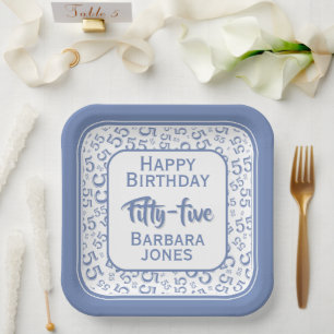 55th Party Random Number Pattern Blue/White Paper Plate