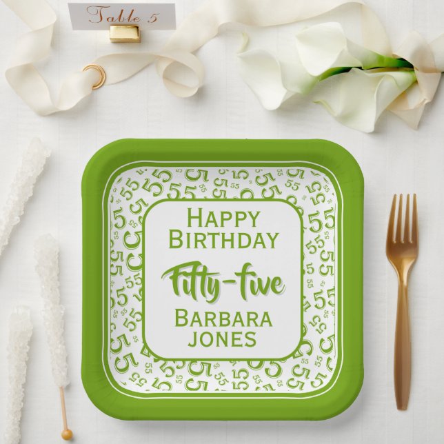 55th Party Random Number Pattern Green/White Paper Plate (Wedding)