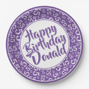 55th Purple/White Random Number Pattern Paper Plate