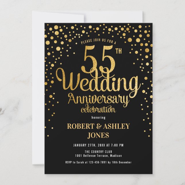 55th Wedding Anniversary - Black & Gold Invitation (Front)
