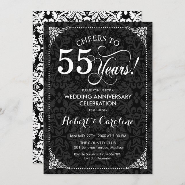 55th Wedding Anniversary - Black White Damask Invitation (Front/Back)