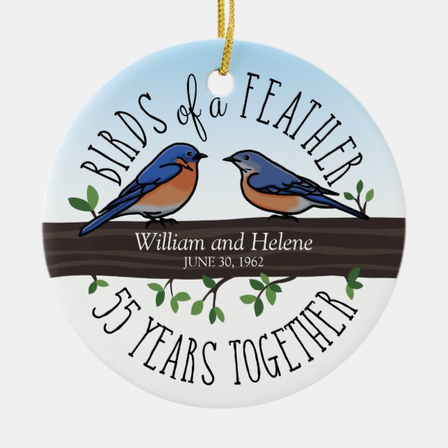 55th Wedding Anniversary, Bluebirds of a Feather Ceramic Tree Decoration (Front)