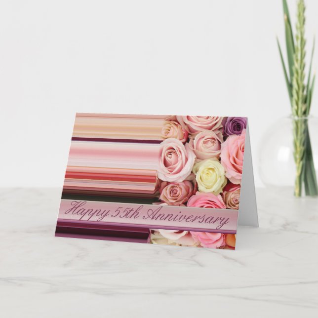 55th Wedding Anniversary Card -Pastel roses stripe (Front)