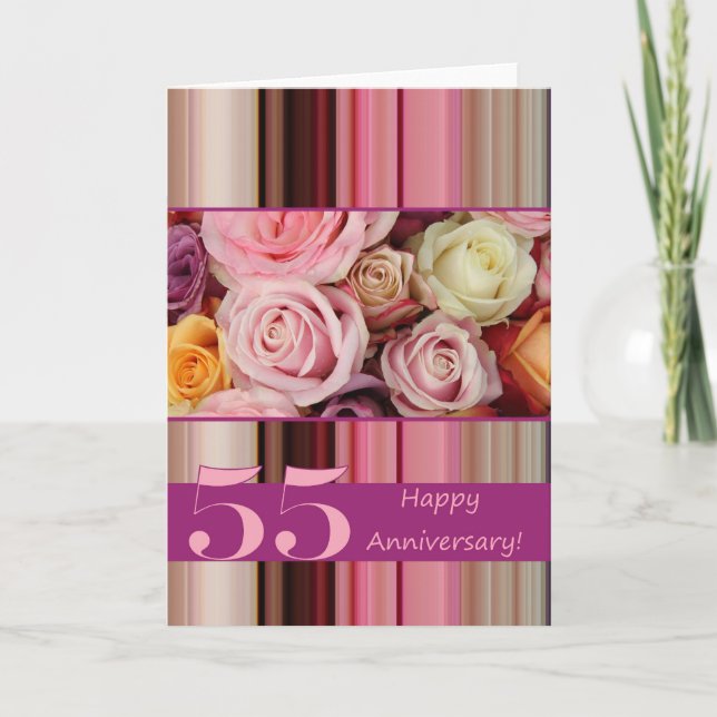 55th Wedding Anniversary Card -Pastel roses stripe (Front)