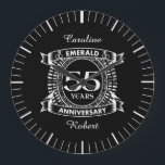 55th wedding anniversary emerald crest large clock<br><div class="desc">A romantic design to celebrate your 55th year of marriage. If you would like any help customising this design please contact me, their is an ask this designer button, just below this text. This fifty fifth, 55 years wedding anniversary crest has the text emerald as that is the traditional gift...</div>