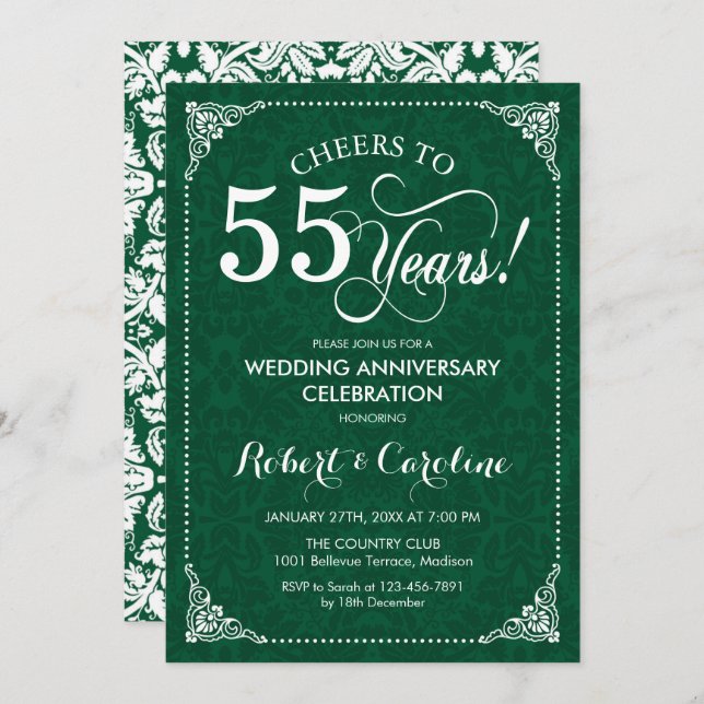 55th Wedding Anniversary Emerald Green Damask Invitation (Front/Back)
