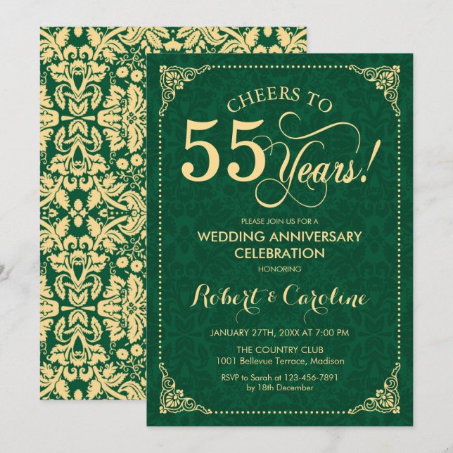 55th Wedding Anniversary Emerald Green Gold Damask Invitation (Front/Back)