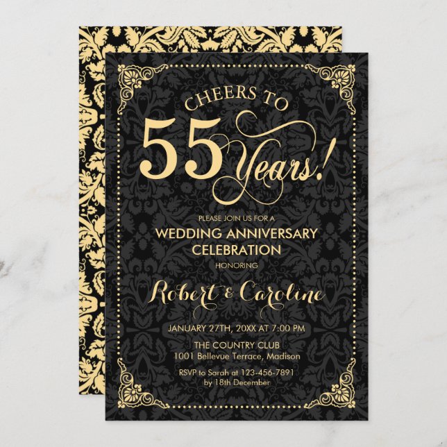 55th Wedding Anniversary - Gold Black Damask Invitation (Front/Back)