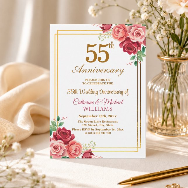 55th Wedding Anniversary Gold Frame Floral Invitation (Creator Uploaded)