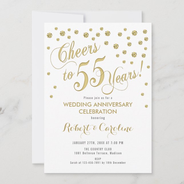 55th Wedding Anniversary Invitation - Gold & White (Front)
