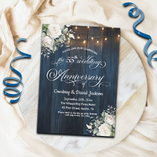 55th Wedding Anniversary Rustic Blue String Lights Invitation