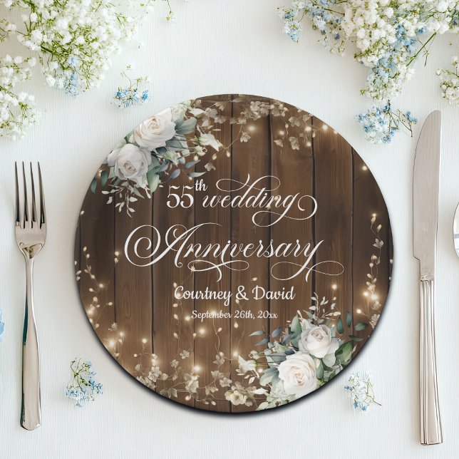 55th Wedding Anniversary Rustic String Lights  Paper Plate (Creator Uploaded)