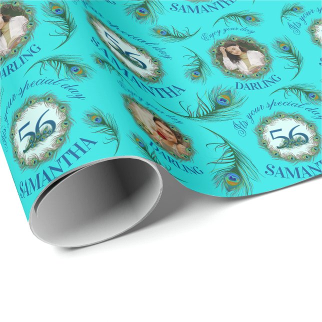 56 Peacock Feather Fully Editable Custom Photo Wrapping Paper (Roll Corner)