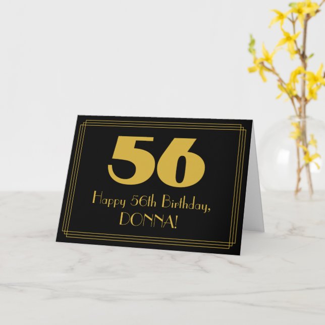 56th Birthday: Art Deco Inspired Look "56" & Name Card (Yellow Flower)