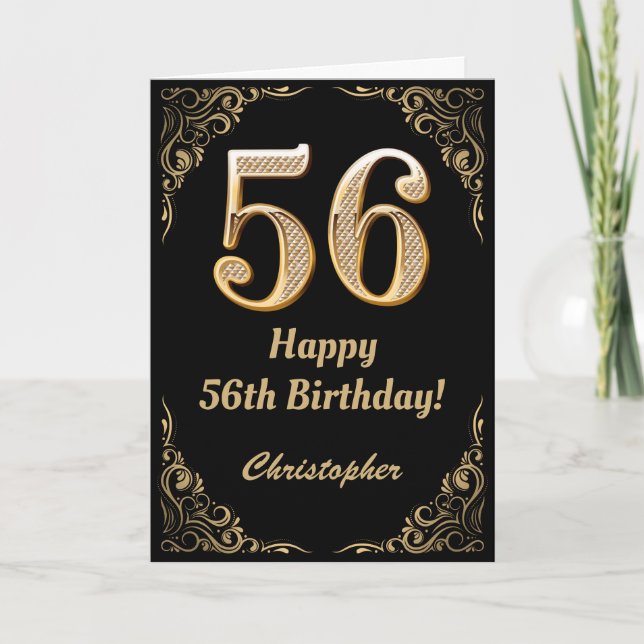 56th Birthday Black and Gold Glitter Frame Card (Front)