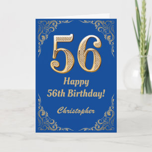 56th Birthday Blue and Gold Glitter Frame Card