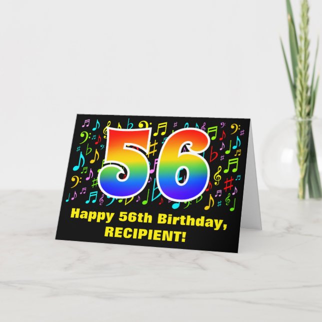 56th Birthday: Colorful Music Symbols & Rainbow 56 Card (Front)