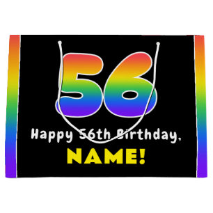 56th Birthday: Colorful Rainbow # 56, Custom Name Large Gift Bag
