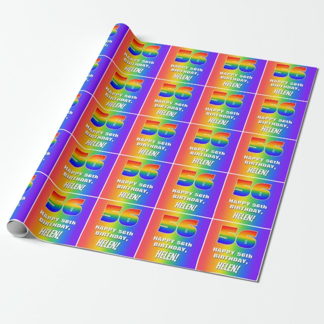 56th Birthday: Colourful, Fun Rainbow Pattern # 56 Wrapping Paper (Unrolled)
