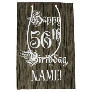 56th Birthday: Fancy, Faux Wood Look + Custom Name Medium Gift Bag