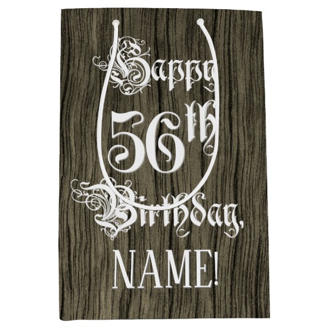56th Birthday: Fancy, Faux Wood Look + Custom Name Medium Gift Bag (Front)