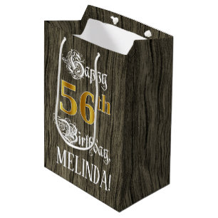 56th Birthday: Faux Gold Look & Faux Wood Pattern Medium Gift Bag