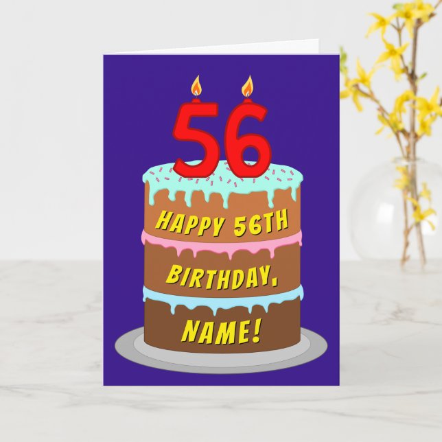 56th Birthday: Fun Cake and Candles + Custom Name Card (Yellow Flower)