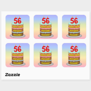 56th Birthday: Fun Cake and Candles + Custom Name Square Sticker