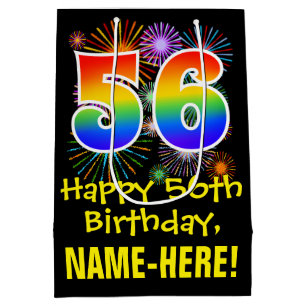 56th Birthday: Fun Fireworks Pattern + Rainbow 56 Medium Gift Bag
