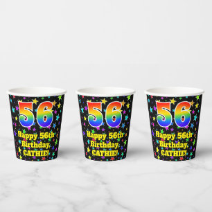 56th Birthday: Fun Stars Pattern and Rainbow 56 Paper Cups