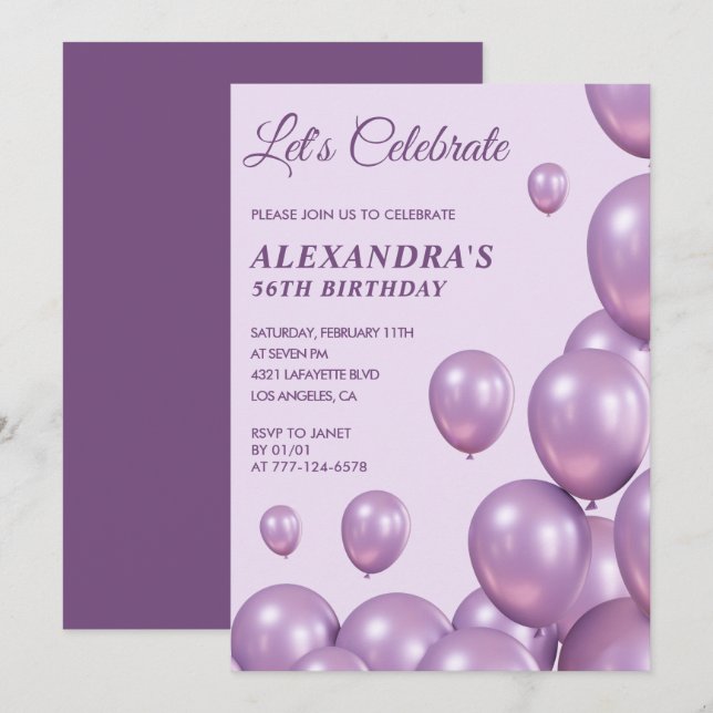 56th birthday invitations Balloons Chic Purple (Front/Back)