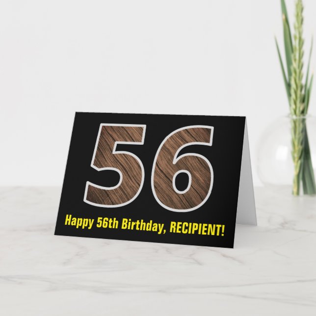 56th Birthday: Name + Faux Wood Grain Pattern "56" Card (Front)