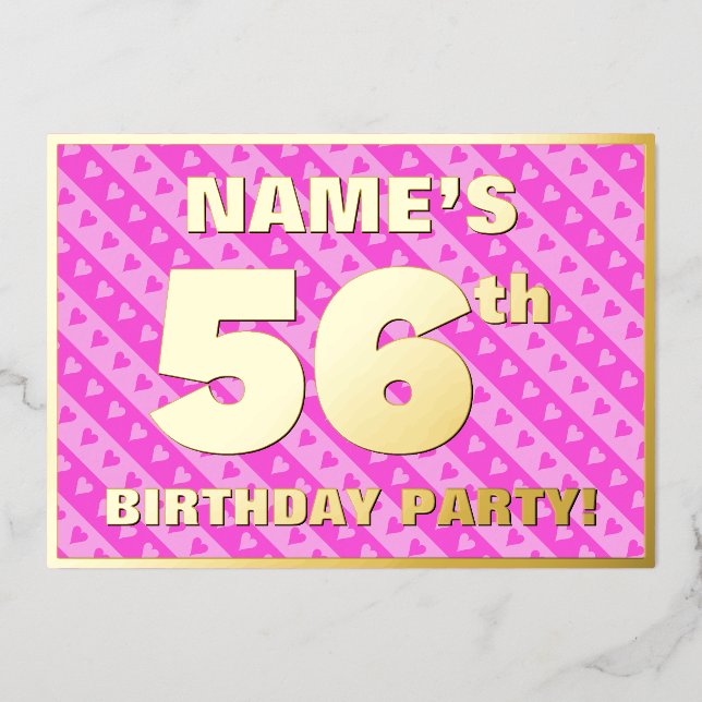56th Birthday Party — Fun Pink Hearts and Stripes (Front)