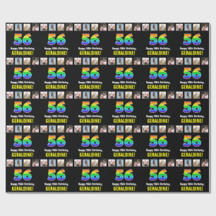 56th Birthday: Rainbow “56“; Custom Photos & Name Wrapping Paper