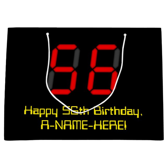 56th Birthday: Red Digital Clock Style "56" + Name Large Gift Bag (Front)