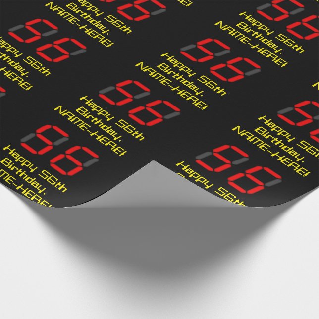 56th Birthday: Red Digital Clock Style "56" + Name Wrapping Paper (Corner)